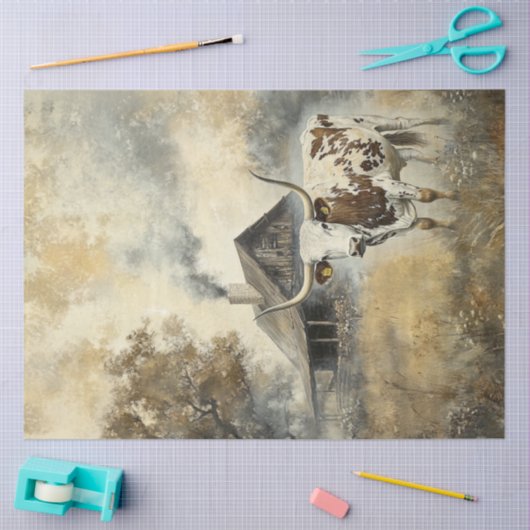 Decoupage Longhorn Holzhütte Feld Seidenpapier (Basteln)