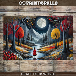 Decoupage - Mädchen in rot und Herbstmondlandschaf Seidenpapier