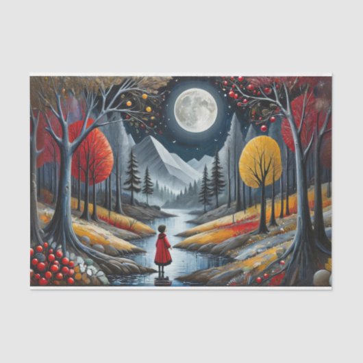 Decoupage - Mädchen in rot und Herbstmondlandschaf Seidenpapier (Vorderseite)