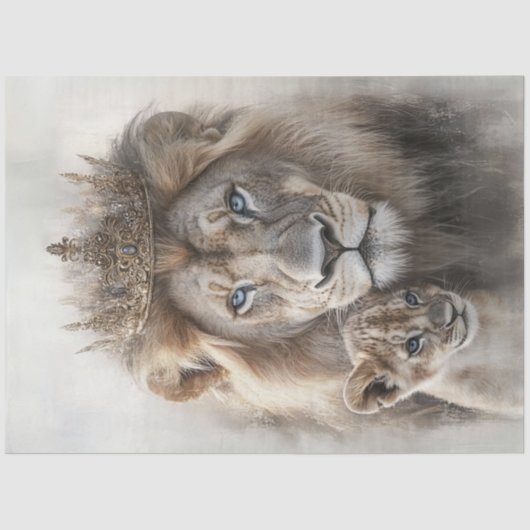 Decoupage Majestic Lion & Cub Verziert Crown Seidenpapier (Vorderseite)