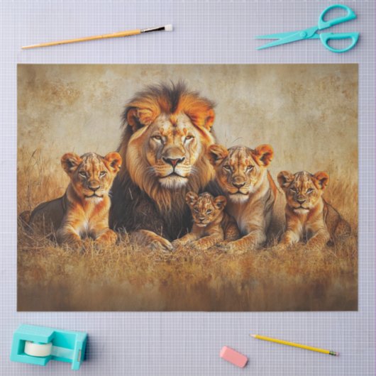 Decoupage Majestic Lion Lioness & 3 Cubs Seidenpapier (Basteln)