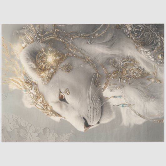Decoupage Majestic White Lioness Ornamente & Gold Seidenpapier (Vorderseite)