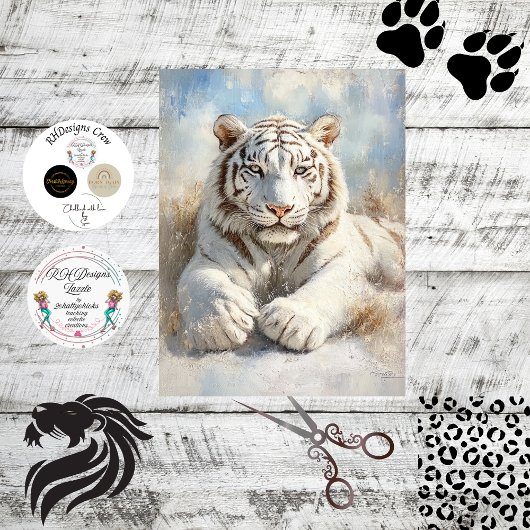 Decoupage Majestic White Tiger Lay auf dem Feld Seidenpapier