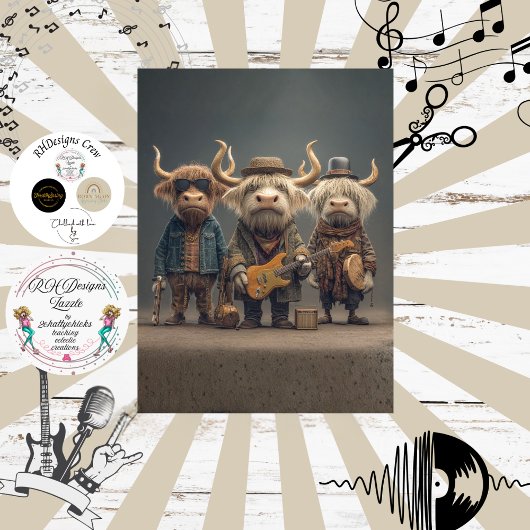 Decoupage Musical Cow Trio Fur Feathers Funk Band Seidenpapier
