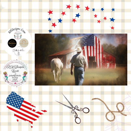 Decoupage Patriotic Barn White Horse & Rancher Seidenpapier