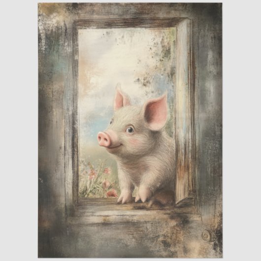 Decoupage Piglet in Rustic Window Story Book Seidenpapier (Vorderseite)