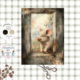 Decoupage Piglet in Rustic Window Story Book  Seidenpapier