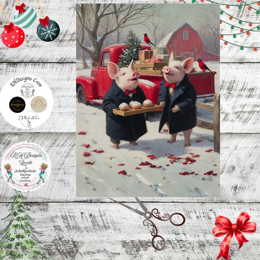 Decoupage Piglets Celebrating Christmas on Farm Seidenpapier