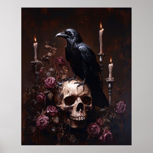 Découpage Rabe auf Totenkopf mit Kerzen Poster (Vorne)