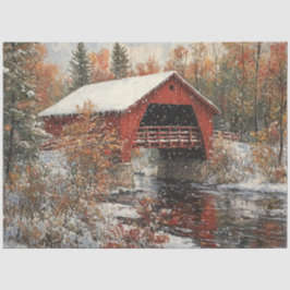 Decoupage Red Covered Bridge Winter Szene Seidenpapier
