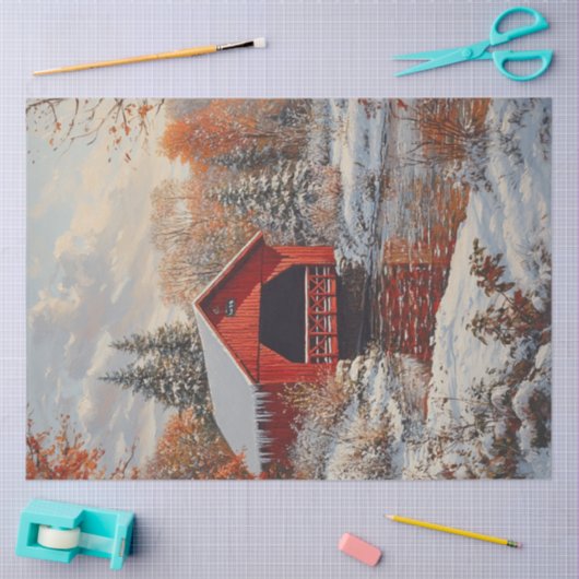Decoupage Red Covered Bridge Winter Szene Seidenpapier (Basteln)