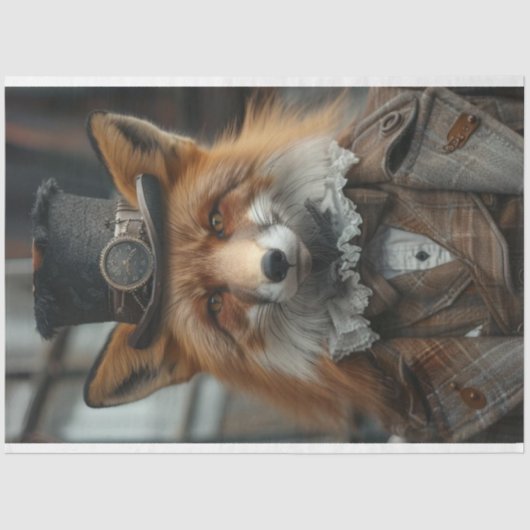 Decoupage Red Fox Steampunk Karierter Anzug Seidenpapier (Vorderseite)