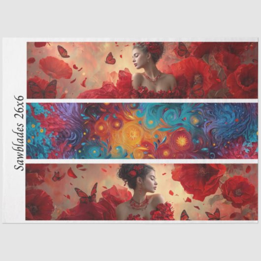 Decoupage Red Poppy Butterfly Woman Cosmic Handsaw Seidenpapier (Vorderseite)