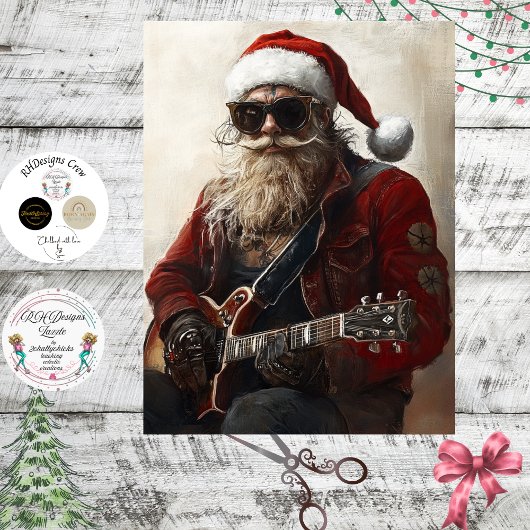 Decoupage Rock & Roll Weihnachtsmann E-Gitarre Seidenpapier