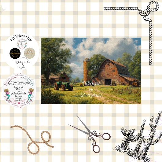 Decoupage Rote Scheune Farm Feld & Traktor Seidenpapier