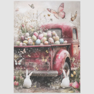Decoupage-Roter-Lieferwagen-Hasen-Ostereier-Frühli Seidenpapier