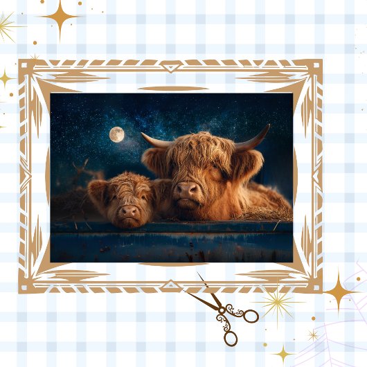 Decoupage Rustic Moonlit Highland Kühe in Trough Seidenpapier