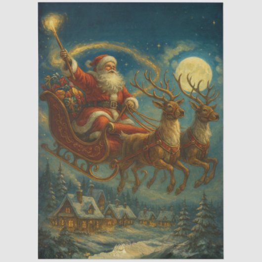 Decoupage Santa & Reindeer Sleighing in Night Sky  Seidenpapier (Vorderseite)