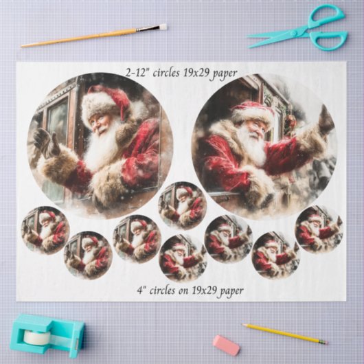 Decoupage Santa Waving From Train 12 & 4" Circles  Seidenpapier (Basteln)