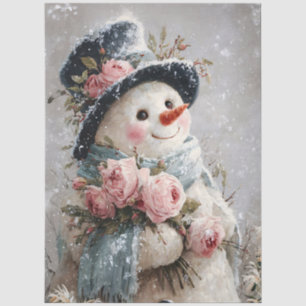 Découpage-Schneemann mit rosa Rosen Seidenpapier