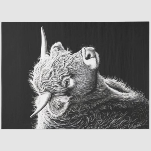 Decoupage Schwarz-weiß Highland Cow Tinte Zeichnen Seidenpapier (Vorderseite)