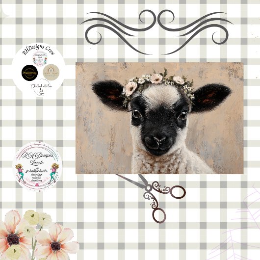 Decoupage Schwarzes Lammgesicht mit Blumenkrone Seidenpapier