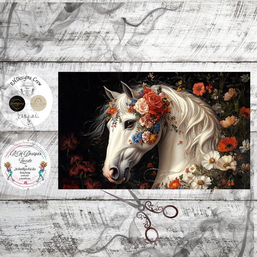 Decoupage Serene White Horse Tapestry Blooms Seidenpapier