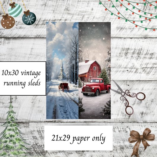 Decoupage Snow Church Red Truck Runner Sleds Seidenpapier