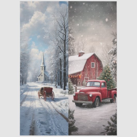 Decoupage Snow Church Red Truck Runner Sleds Seidenpapier (Vorderseite)