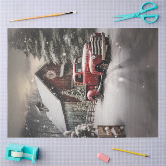 Decoupage Snowy Landscape Red Truck Barn Seidenpapier (Basteln)