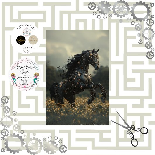 Decoupage Steampunk Black Stallion Pferd Seidenpapier