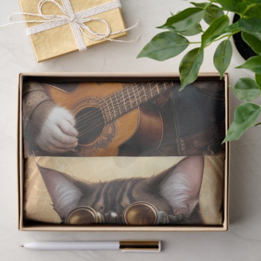 Decoupage - Steampunk Cat mit Brille & Gitarre - Seidenpapier (Geschenk)