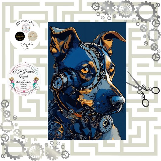 Decoupage Steampunk Cobalt Blue Dog Seidenpapier