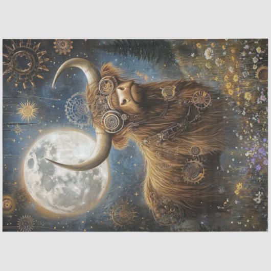 Decoupage Steampunk Highland Cow & Moon Seidenpapier (Vorderseite)