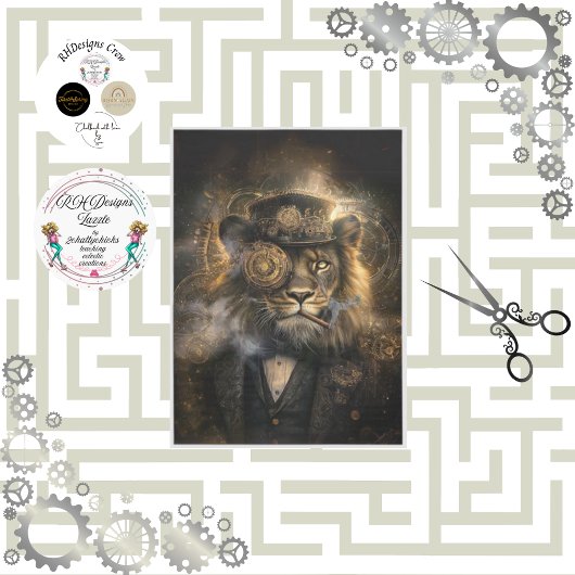 Decoupage Steampunk Lion Intricate Gears Cigar Seidenpapier