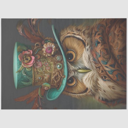Decoupage Steampunk Owl Aquamarin & Featherhut Seidenpapier (Vorderseite)