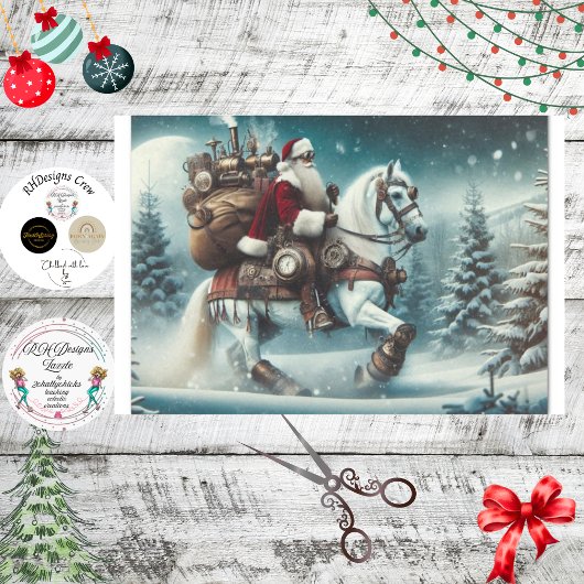 Decoupage Steampunk Santa Riding Weißes Pferd Seidenpapier