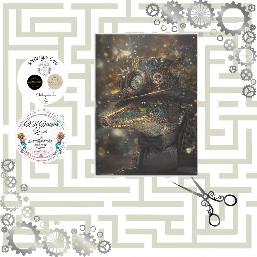 Decoupage Steampunk Sport Lizard Gold Green Seidenpapier