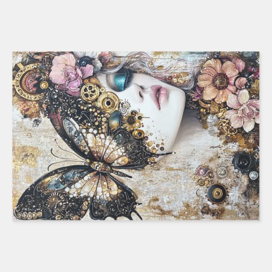 Decoupage Steampunk Viktorianisch Lady Butterfly Geschenkpapier Set (Vorderseite 3)