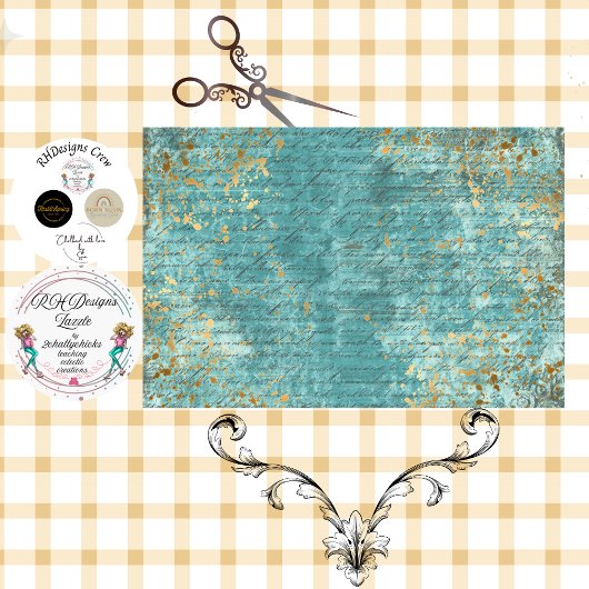 Decoupage Teal Gold Textured Faux Background  Seidenpapier
