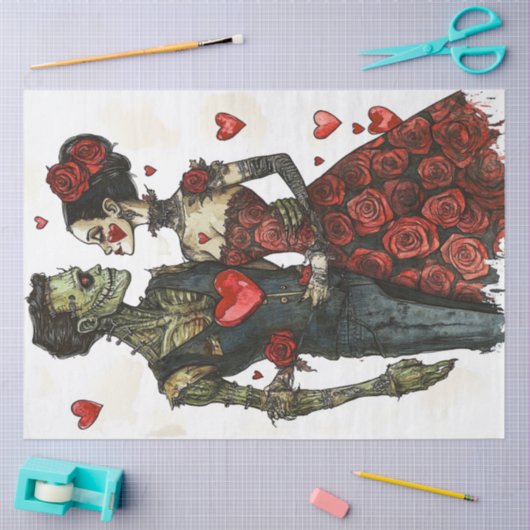 Decoupage Valentine Skeleton Couple Floating Heart Seidenpapier (Basteln)