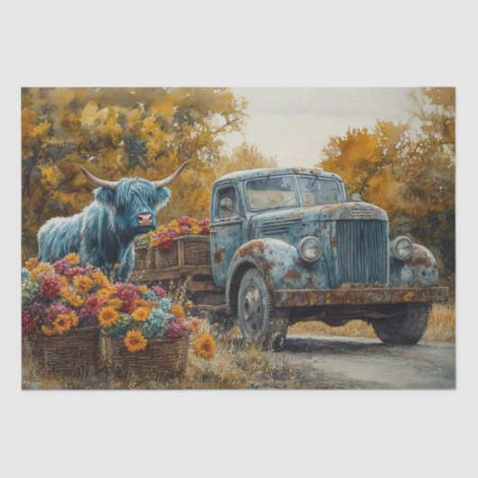 Decoupage Vintag Blue Truck Highland Cow Seidenpapier (Vorderseite)
