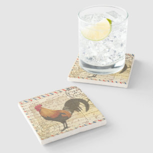 Decoupage Vintag Ephemera Farm Barn Rooster Steinuntersetzer