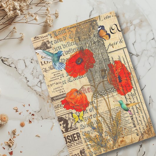 Decoupage Vintag Ephemera Poppy Hummingbird Seidenpapier