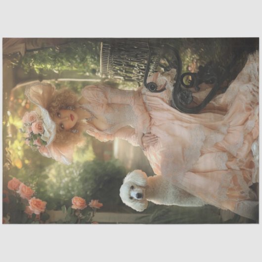 Decoupage Vintag Lady Pink Dress & White Poodle Seidenpapier (Vorderseite)