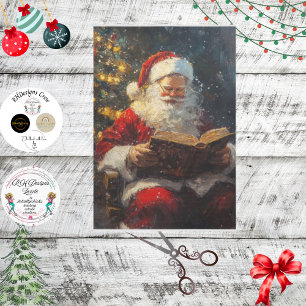 Decoupage Vintag Oil Painted Santa Reading Buch Seidenpapier