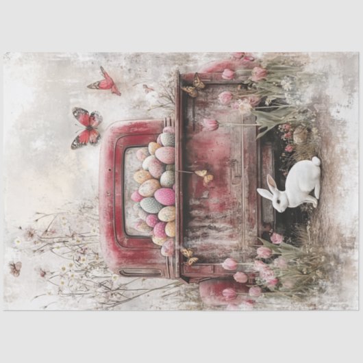 Decoupage Vintag Red Truck Osterfest Bunny & Egg Seidenpapier (Vorderseite)