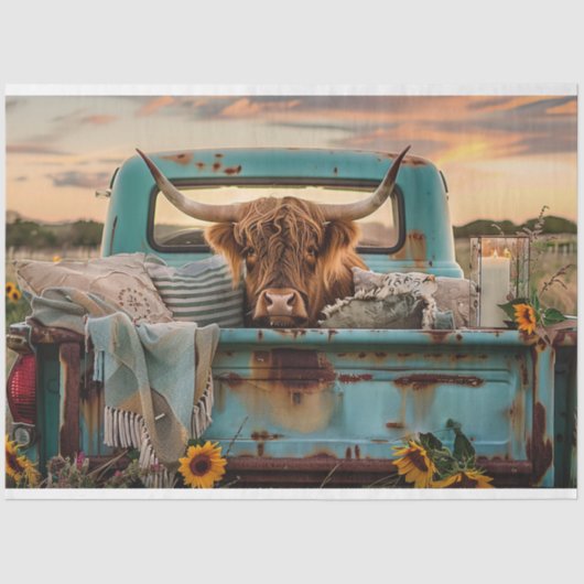 Decoupage Vintag Rusty Truck Highland Cow Seidenpapier (Vorderseite)