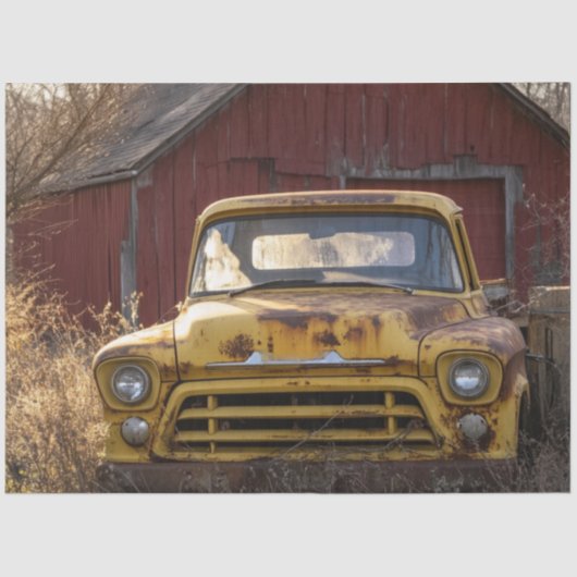 Decoupage Vintag Rusty Yellow Truck Roter Stall Seidenpapier (Vorderseite)