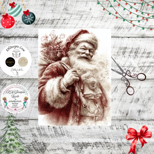 Decoupage Vintag Santa Painterly Red Seidenpapier